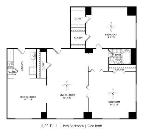 Floor plan for 2 beds, 1 bath, 1015 sqft